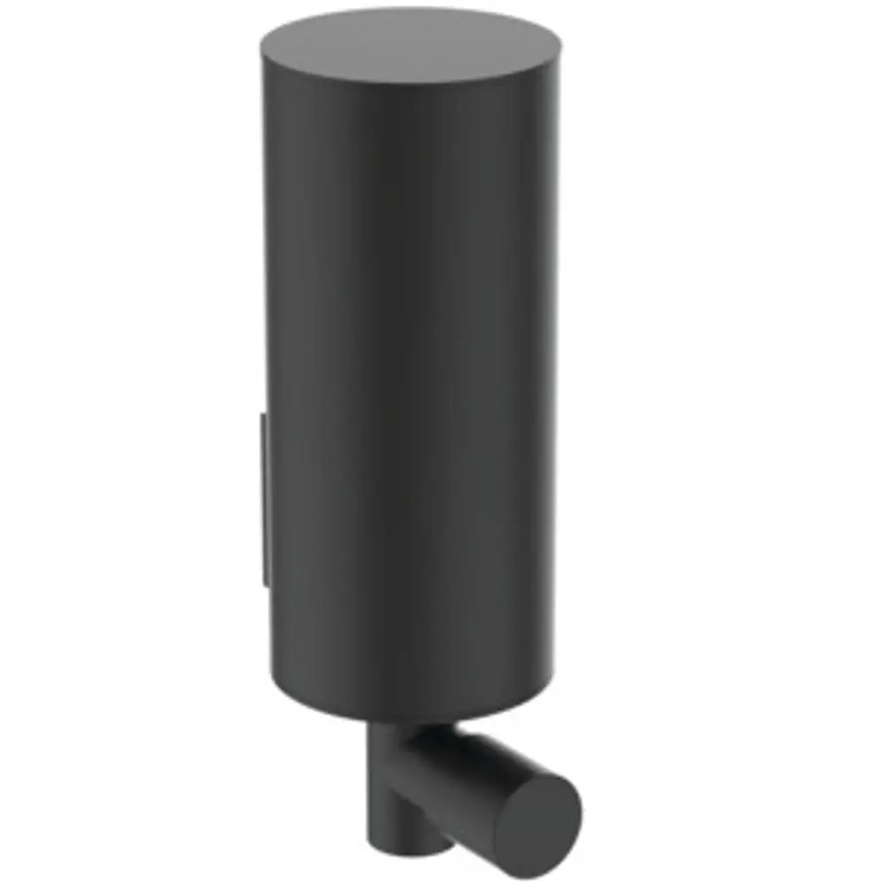 Wandhängender Spender in Schwarz, hergestellt von Ideal Standard, mit zylindrischer Form und seitlichem Auslass.